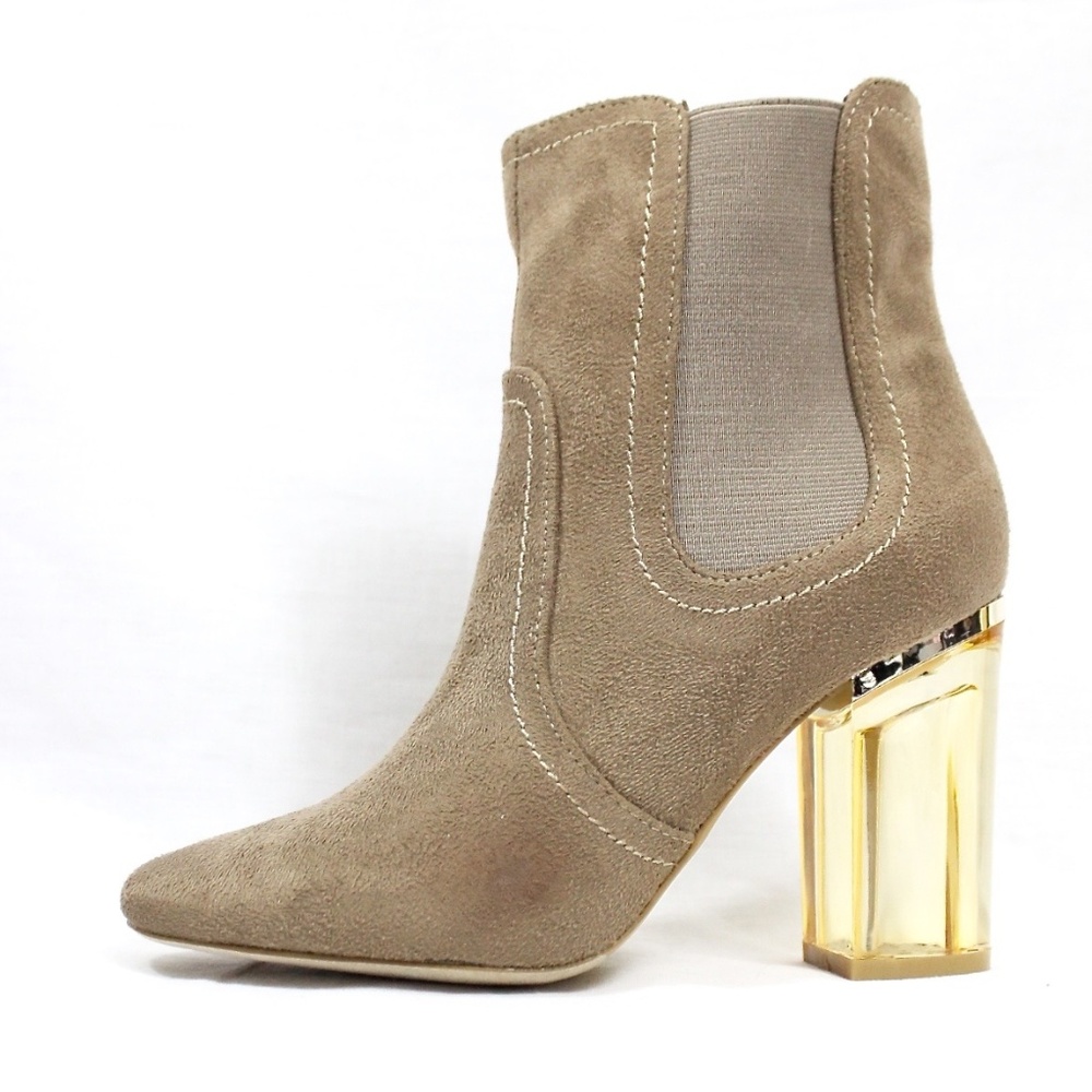 Round Toe Suede Clear Perspex Lucite Heel Bootie